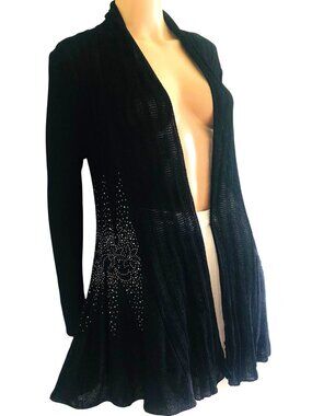 KE KE Glam Rhinestone Sparkle Flare Hem Open Front Ribbed Black Cardigan Sz S